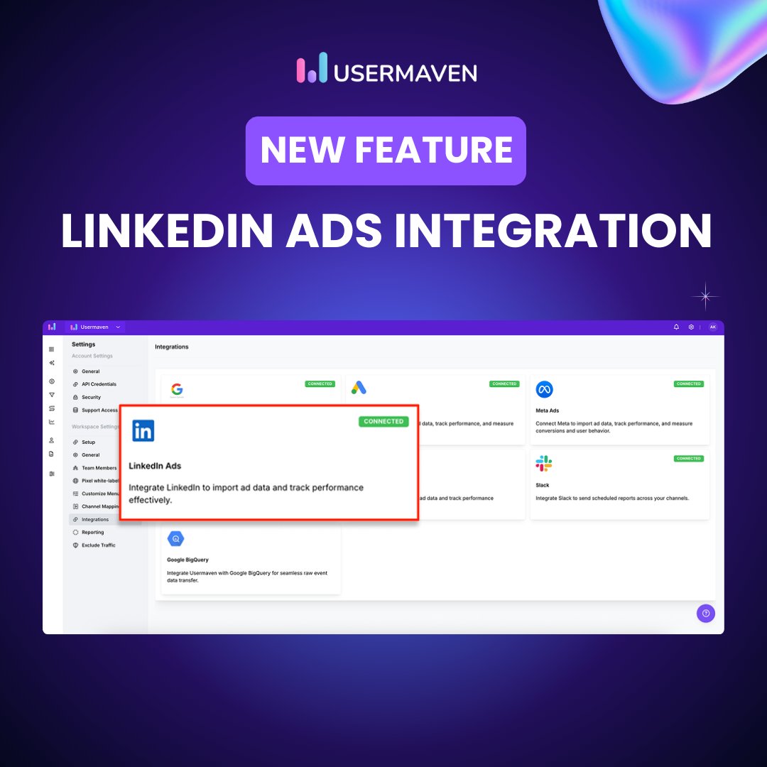 usermaven's tweet image. Track your LinkedIn Ads like never before. 📊

With Usermaven’s LinkedIn Ads integration, monitor every click, conversion, and cost - all in one place. 🎯

Connect ad spend to real user behavior and get the full picture alongside Google &amp;amp; Facebook data. 🔗📈