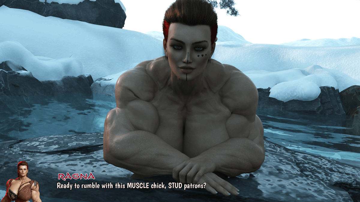 Barbarian Conquests has been released to StUD patrons who can now rumble with THIS muscle chick in the hot springs during winter!