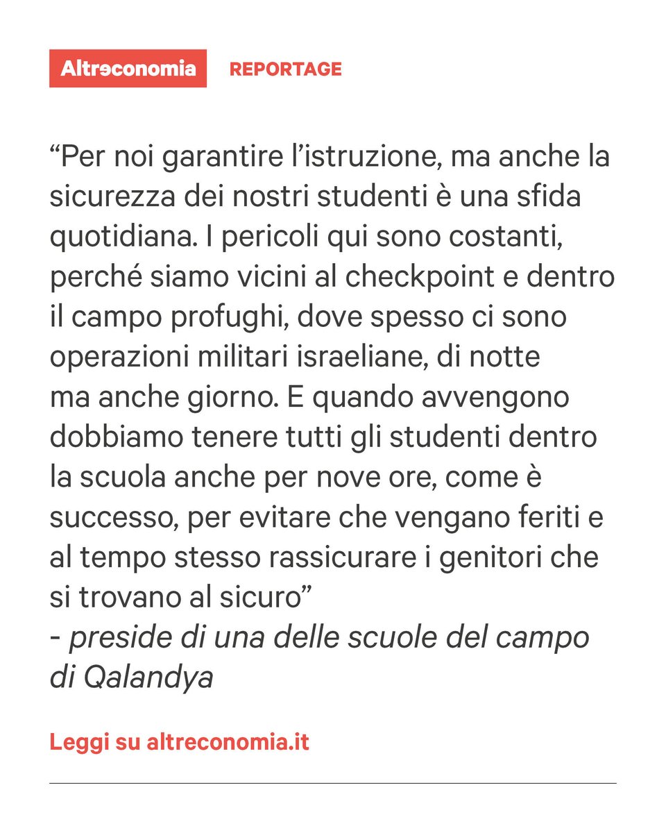 Il racconto di <a href="/amselini/">Anna Maria Selini</a> dal campo di Qalandyia dove le scuole Unrwa, due maschili e due femminili, forniscono l’educazione primaria a 1.150 studenti

👉altreconomia.it/reportage-dall…