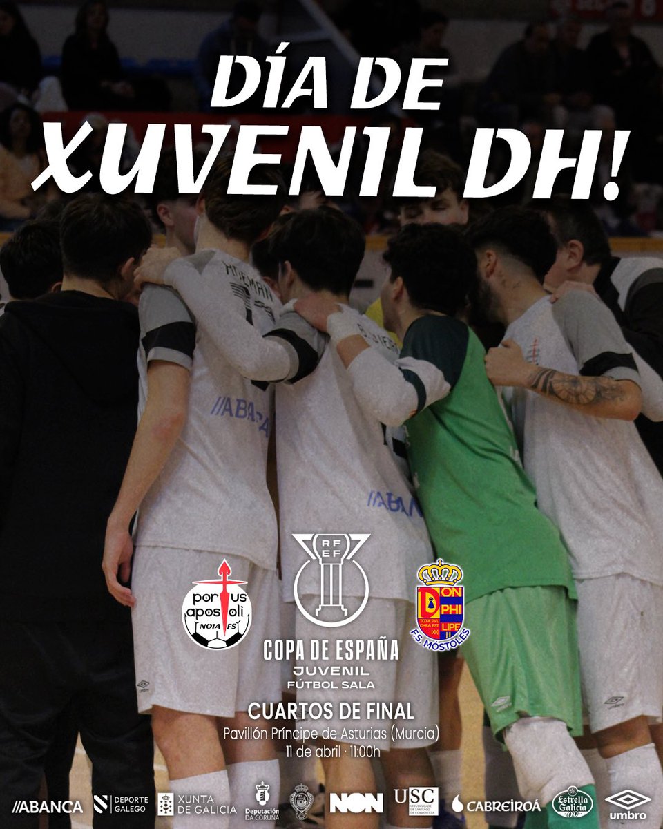 Chegou o agardado día. VAMOS RAPACES, VAAAMOOOS NOOOIAAA! 🤍🔥

🏆 #CopaDeEspañaJuvenilFS - Cuartos de final
🆚 <a href="/1mostolesfs/">MRB-FS Móstoles</a> 
🗓 Venres 11 de abril
⏰ 11:00h
🏟 Pavillón Príncipe de Asturias (Murcia)
📺🔴 EN DIRECTO: youtube.com/live/BBbL7oubF…

#OSentimentoDunhaVila #CarácterNoiés