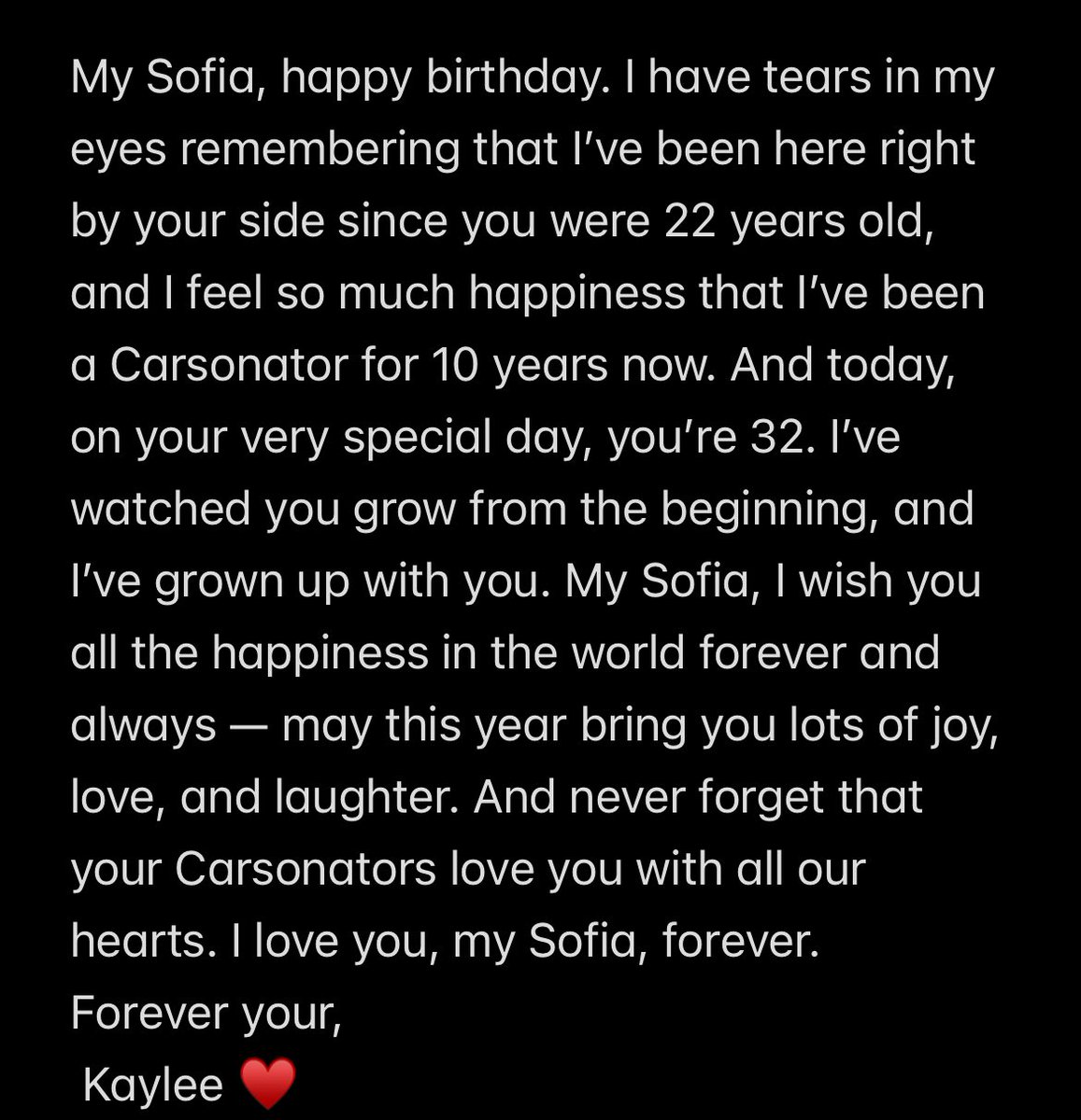 myloveissofia10's tweet photo. Mi @SofiaCarson … as your special day comes to an end I hope with all my heart you had a wonderful birthday today! 🎂

My heart is forever yours…! 🥹♥️

I love you endlessly mi Sofia…🥹🎂♥️

🎂✨11:11 ✨🎂 Make a wish. 

Cheers to 32…♥️🥂

Forever, 
Your Kaylee. 🥹♥️ https://t.co/OXcvlxuCMS