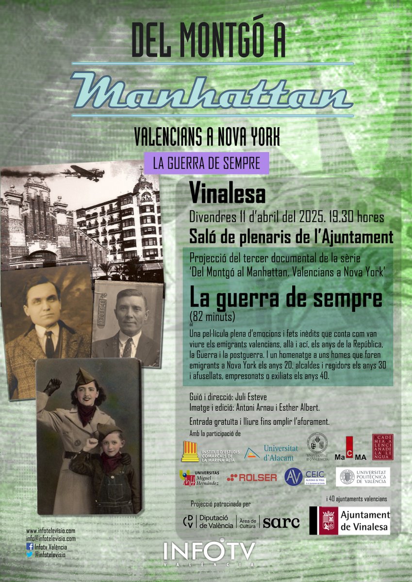 Si sou aficionats als documentals de memòria històrica i farcits de grans vivències personals, no vos perdeu a Vinalesa la projecció de 'La guerra de sempre'. La pel·lícula conta com van viure la República, la Guerra i la postguerra els emigrants valencians als EUA. <a href="/Aj_Vinalesa/">Ajuntament Vinalesa</a>