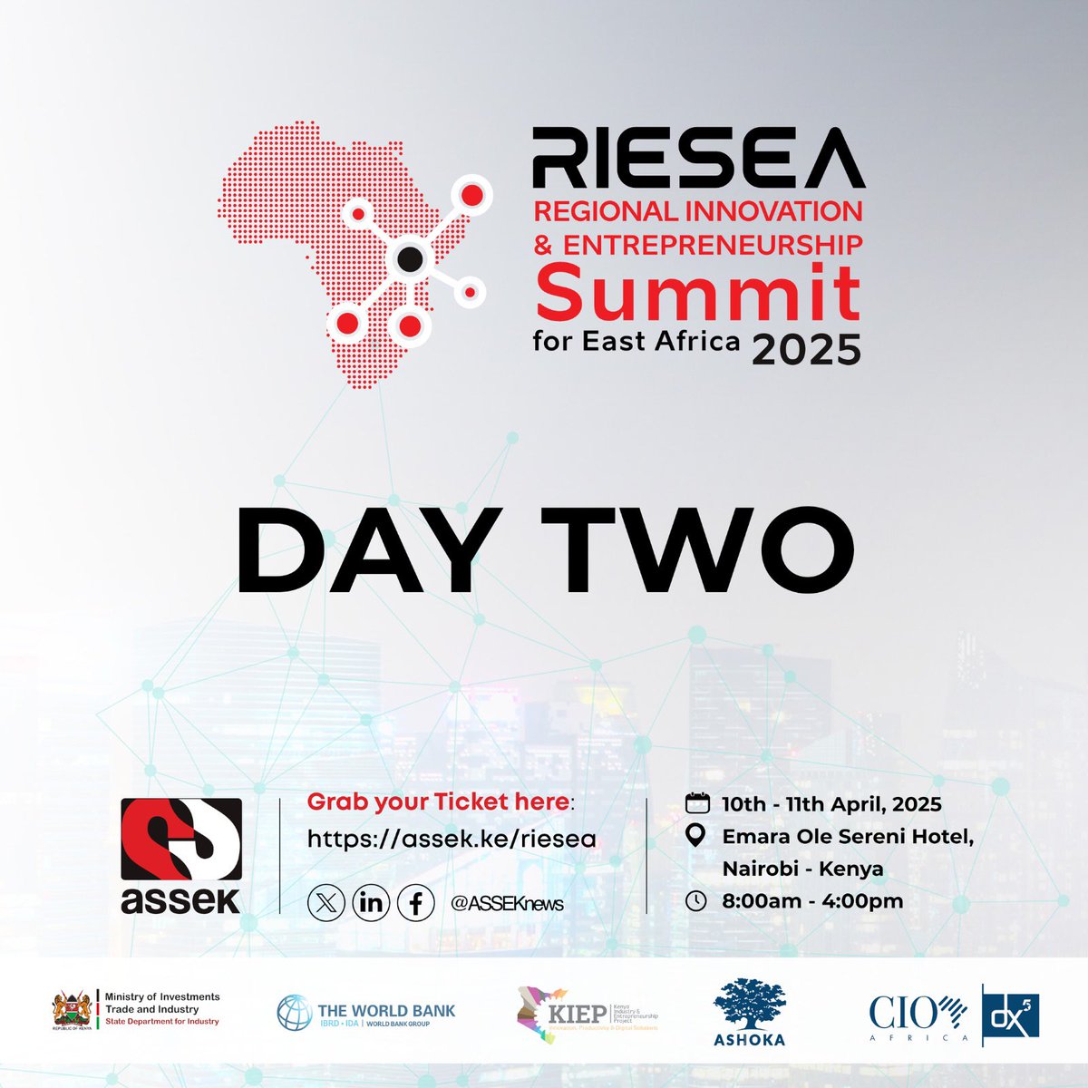 dx5ve's tweet photo. We’re back for Day 2 of #RIESEA2025 — diving deeper into innovation, entrepreneurship, and bold ideas shaping East Africa’s future.

Let’s build, connect, and grow — together.

Join us: https://t.co/YQyEPGMil2

#BuildTheFuture #InnovationSummit #EntrepreneurshipInAfrica @ASSEKnews