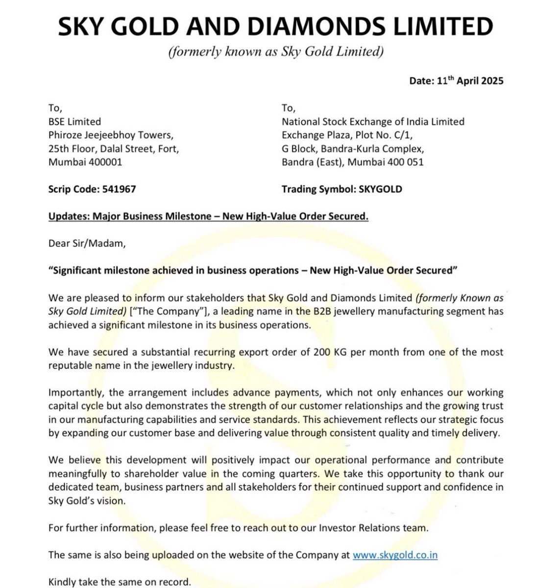SKY GOLD 🔥🔥🔥

- Receives recurring order worth 200Kgs per month for exports!

Chronology samjhiye:

1) Q1 hired international sales head and started R&amp;D for US Markets
2) In Q3 announced a big capacity expansion; adding a 4.5 Tons per month to already existing 1.5 Tons per