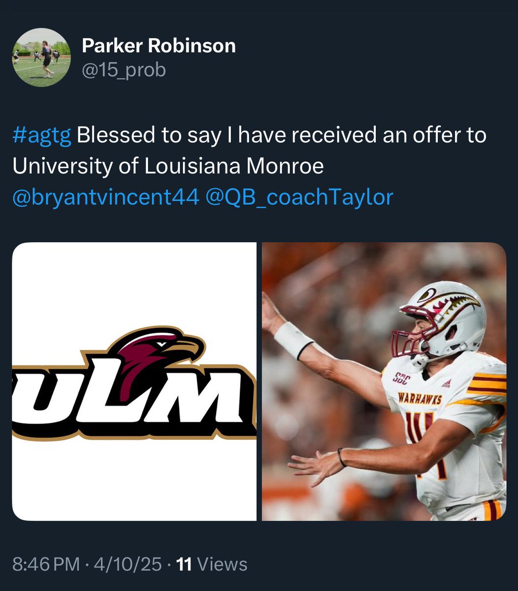 2027 Neville QB Parker Robinson’s recruitment kicking off.

Campbell + ULM with the first offers for P-Rob, a member of Louisiana’s loaded QB class.

Was active on the camp circuit last summer &amp; visits this spring. Should be lots of schools stopping through Monroe for spring ball