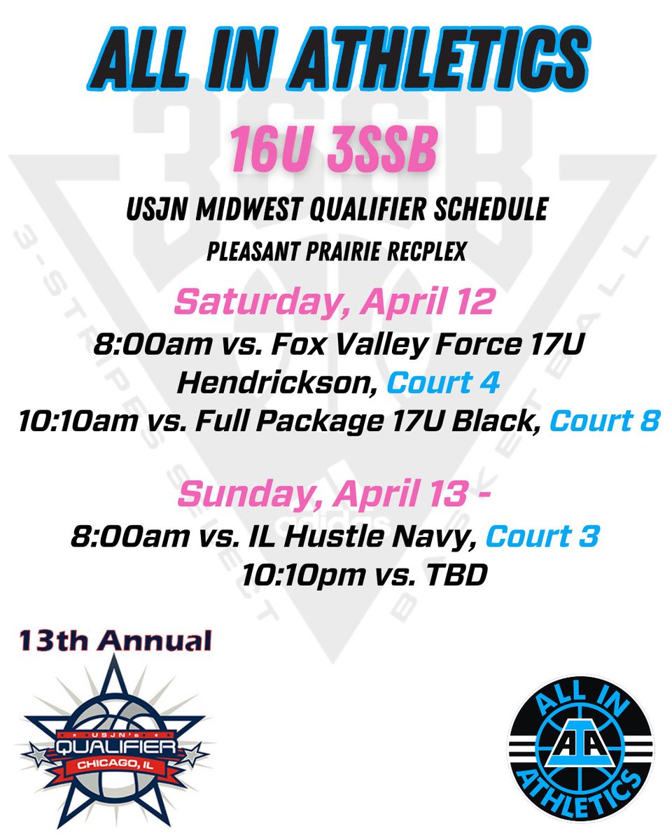 ALL IN Elite Girls 3SSB (@aiaelitegirls) on Twitter photo ALL IN 3SSB teams are ready to go this weekend at the USJN Midwest Qualifier in Pleasant Prairie, WI.
#ALLINfamily <a href="/aiathletics/">ALL IN Athletics</a> #3SSBGirls <a href="/3SSBGCircuit/">3Stripes Select Basketball Girls Circuit</a> ALL IN 3SSB teams are ready to go this weekend at the USJN Midwest Qualifier in Pleasant Prairie, WI.
#ALLINfamily <a href="/aiathletics/">ALL IN Athletics</a> #3SSBGirls <a href="/3SSBGCircuit/">3Stripes Select Basketball Girls Circuit</a>
