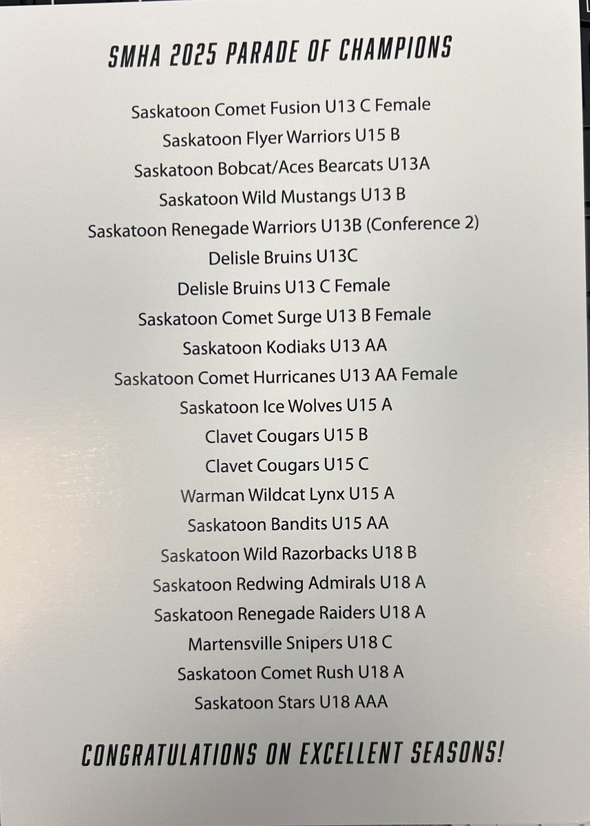 SaskatoonMHA's tweet photo. Congratulations to all of the 2024-25 SMHA Award winners, Awards of Distinction recipients &amp; the City &amp; Provincial Championship teams!

All were recognized at the Scotiabank SMHA Parade of Champions &amp; Leadership Dinner on Tuesday evening. https://t.co/zInNSa0MYe