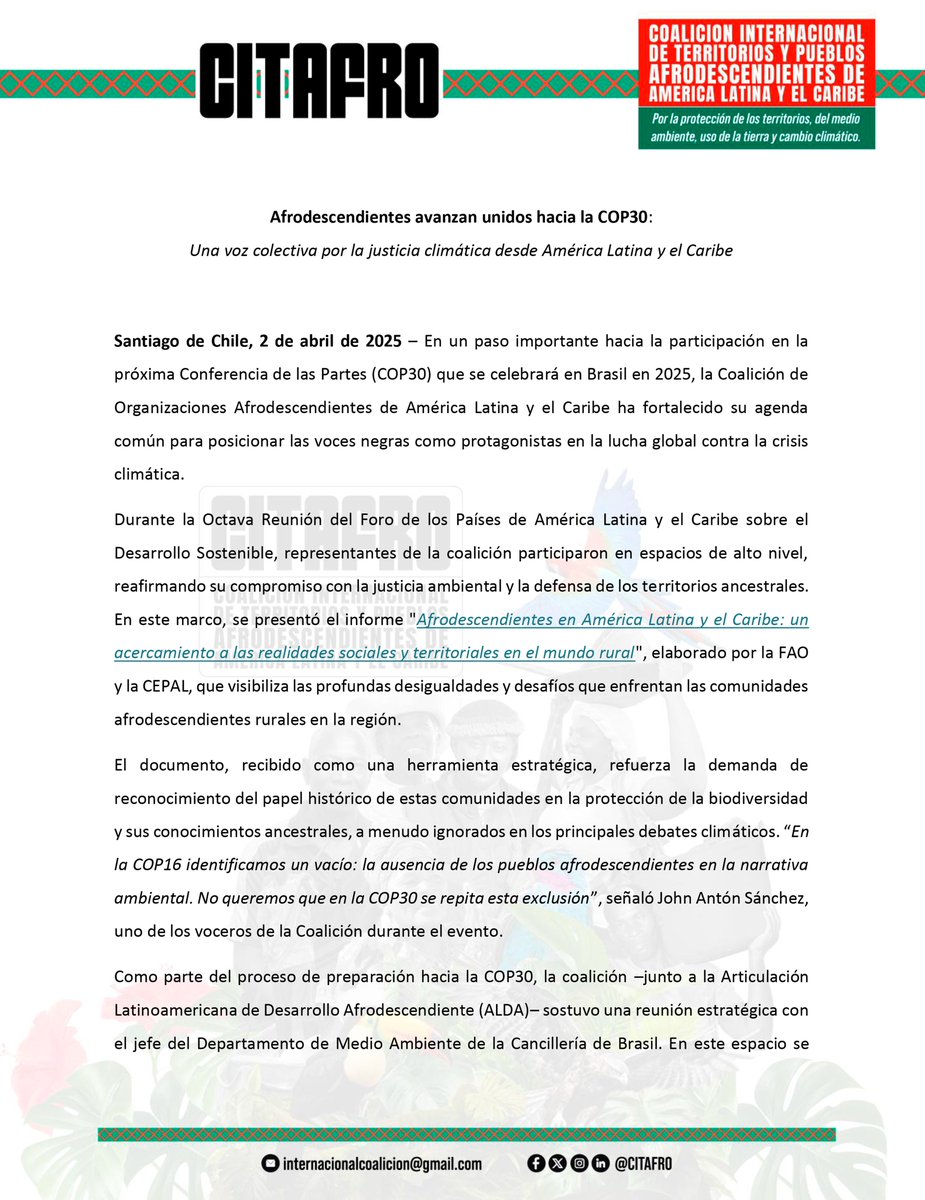 CITAFRO's tweet photo. La Coalición Internacional de Territorios y Pueblos Afrodescendientes de América Latina y el Caribe #Citafro, se alista para llegar con fuerza a la #COP30🇧🇷. Ante la @cepal_onu, presentó su agenda de justicia climática y territorial. 🔗https://t.co/uFyZeRLVo4
Abrimos hilo👇🏽🧵 https://t.co/brEBHsTWE7