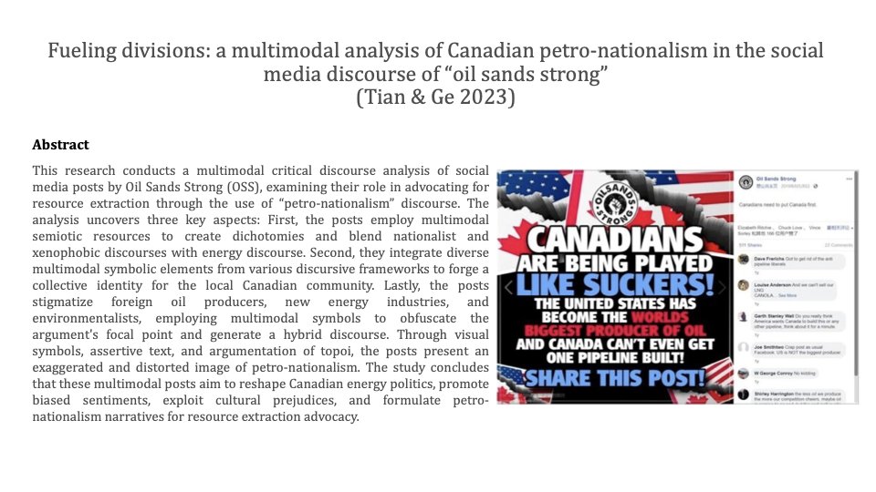 Fueling divisions: a multimodal analysis of Canadian petro-nationalism in the social media discourse of “oil sands strong”
By WeiqiTian &amp; Jingshen Ge
DOI: 10.1080/10350330.2023.2261853
#socialsemiotics #OilSandsStrong #Canadianpetro #multimodal #CDA #topoi #socialmediaposts