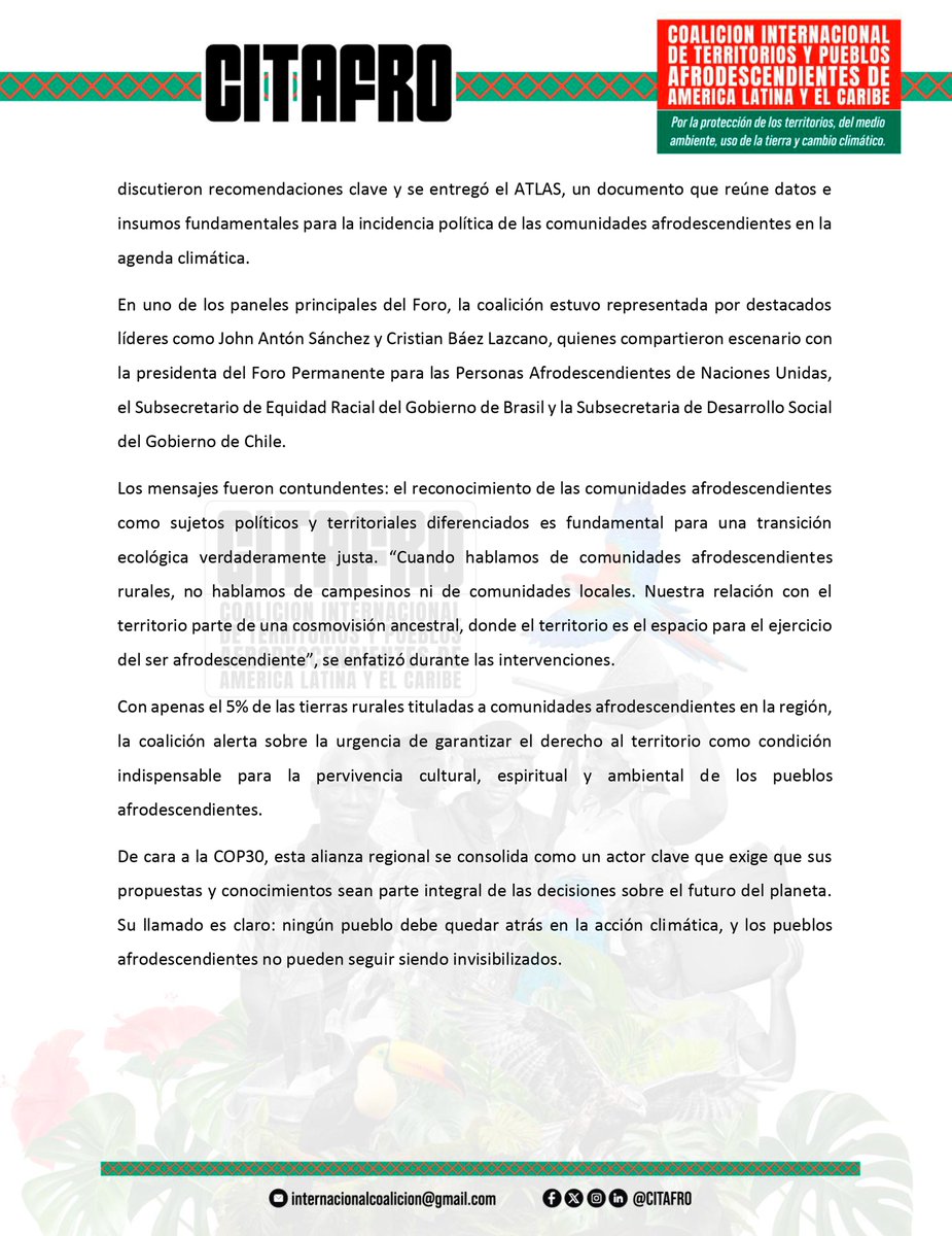 CITAFRO's tweet photo. La Coalición Internacional de Territorios y Pueblos Afrodescendientes de América Latina y el Caribe #Citafro, se alista para llegar con fuerza a la #COP30🇧🇷. Ante la @cepal_onu, presentó su agenda de justicia climática y territorial. 🔗https://t.co/uFyZeRLVo4
Abrimos hilo👇🏽🧵 https://t.co/brEBHsTWE7