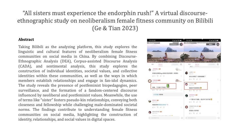 “All sisters must experience the endorphin rush!” A virtual discourse-ethnographic study on neoliberalism female fitness community on Bilibili
By JingshenGe &amp; Weiqi Tian
DOI: 10.1080/10350330.2023.2265850
#socialsemiotics #Bilibili #postfeminism #neoliberalism #DEA #CADA