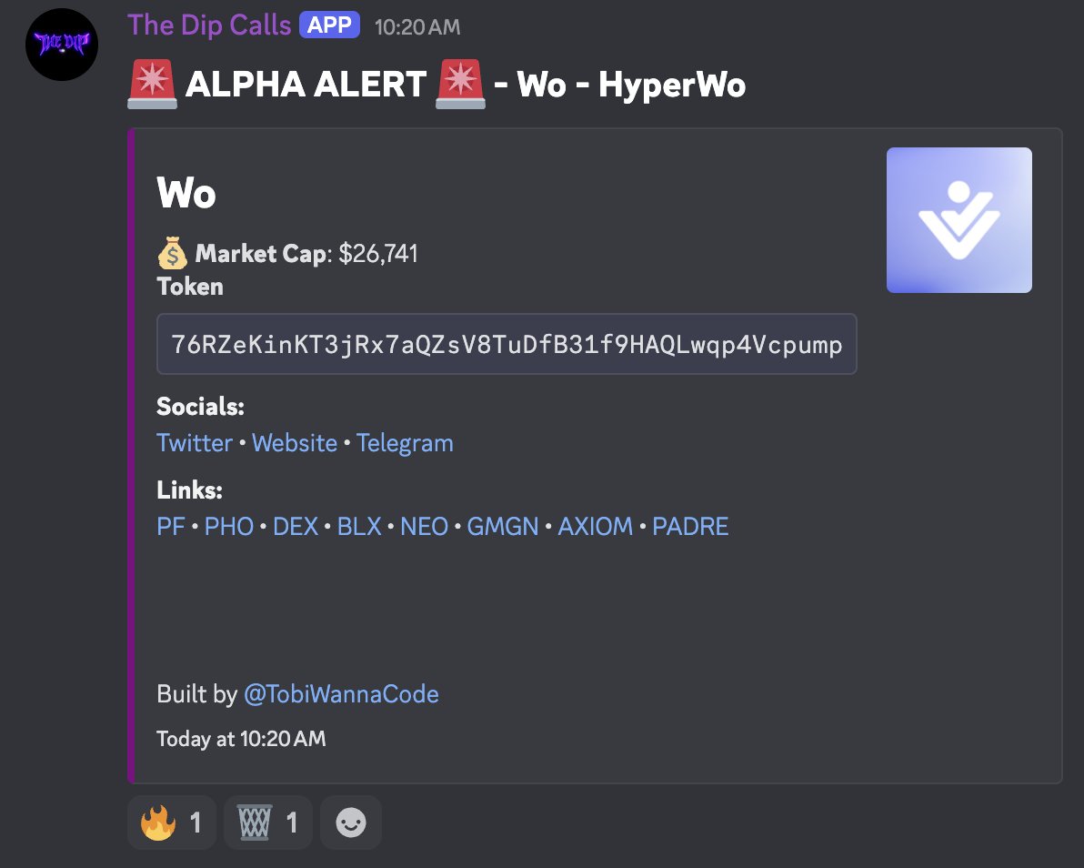 TobiWannaCode's tweet photo. Two new bots in The Dip's paid membership (25$/week):

Dip Calls: 
Calling tokens with the potential to moon.

HyperWo was nearly an 80x from the call.

Dev Rebuy:
Monitor every token to see if a dev rebuys right before they tweet their project.

https://t.co/OfIcAxj7Rc

@ottabag