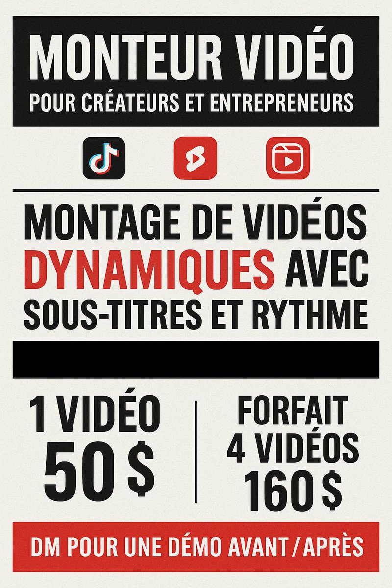 OnliJay_'s tweet photo. 🎬 Je suis à la recherche de contrats pour les prochains mois!
Je suis monteur vidéo spécialisé en TikTok / Reels / Shorts.
👉 Rapide, punché, stylé
👉 Sous-titres dynamiques
👉 Format optimisé pour + de vues

📩 DM si tu veux une démo avant/après
#monteur #Quebec https://t.co/es7irzfb8o