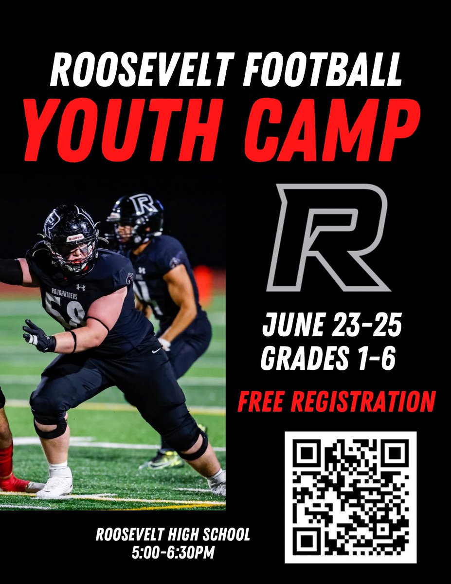 🗣️ Future ballers!! Register for the Roosevelt Roughrider Youth Football Camp! Registration is FREE!