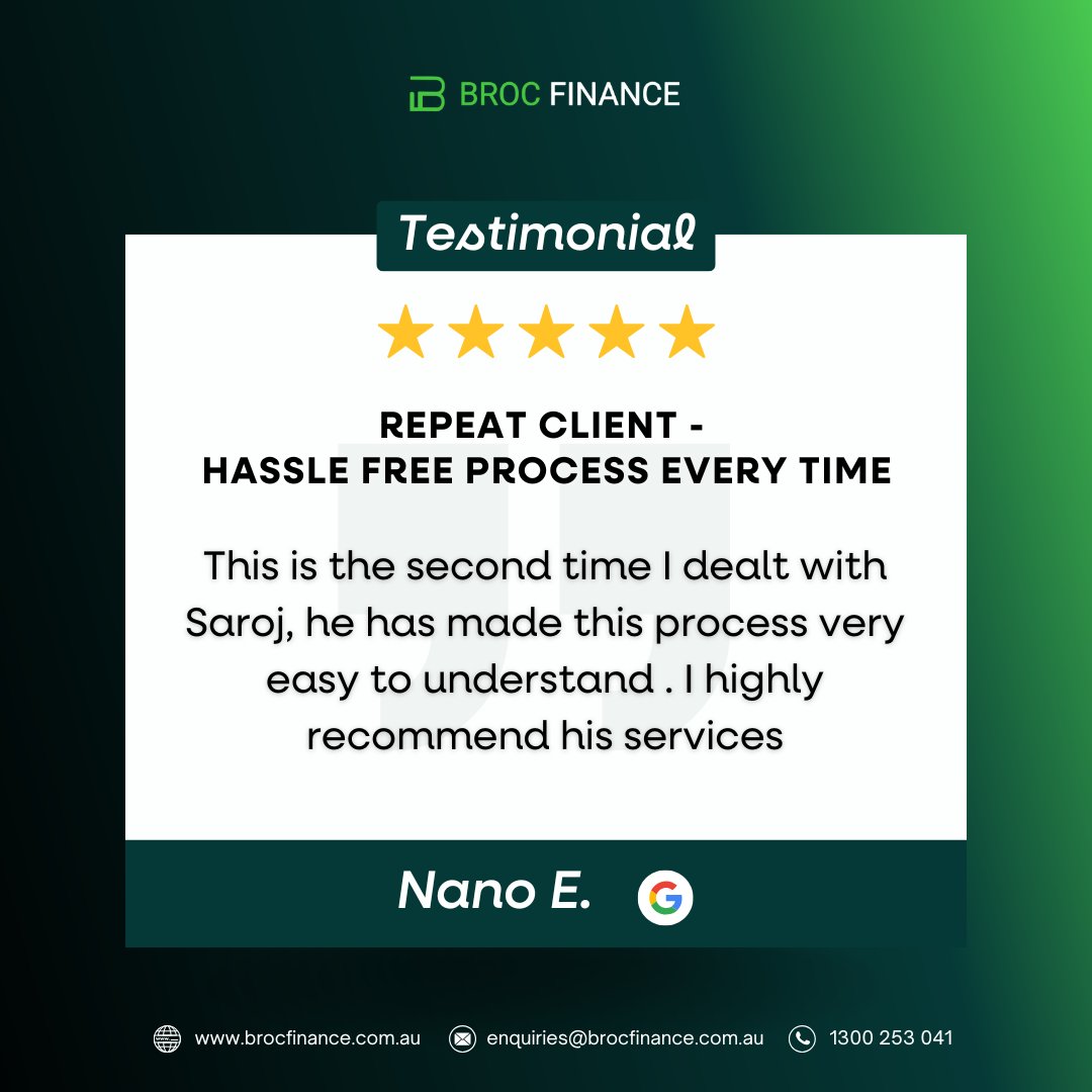 BrocFinance's tweet photo. Repeat clients are the best testament to our great service! 

Looking for smooth and stress-free financing? We’ve got you covered!

📞 1300 253 041
📧 enquiries@brocfinance.com.au

#CustomerReview  #BusinessFinance #LoanExperts #HassleFree #BrocFinance https://t.co/tq22sQ9p4P