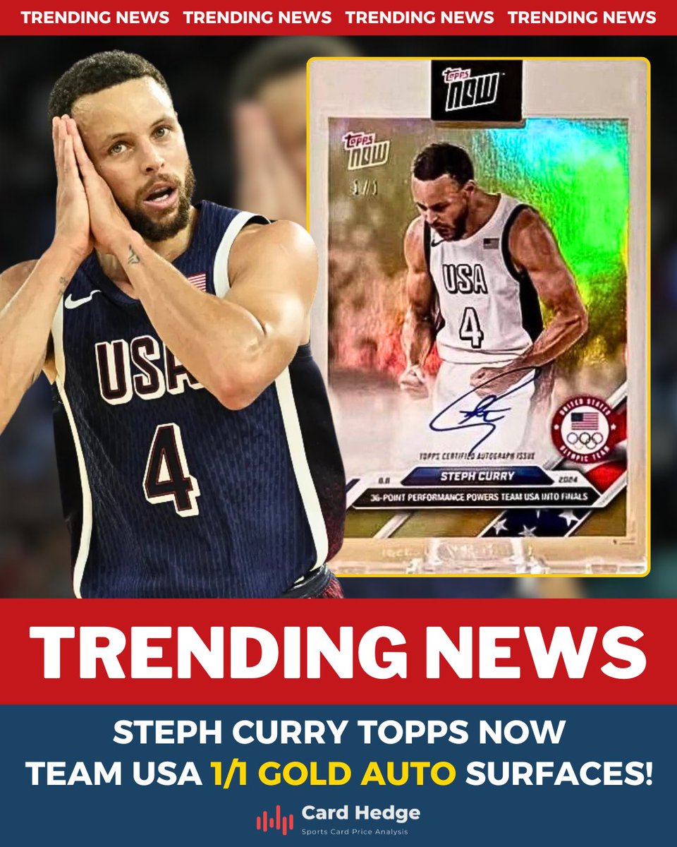 cardhedger's tweet image. 🚨 TRENDING NEWS! Huge Steph Curry fan pulled the Topps Now 1/1 Gold Autograph Team USA card!

He (Trevor O’Loughlin) had received all of his base cards from Topps Now several weeks prior, and assumed that was the end of it. Then one day when he was away he received a…