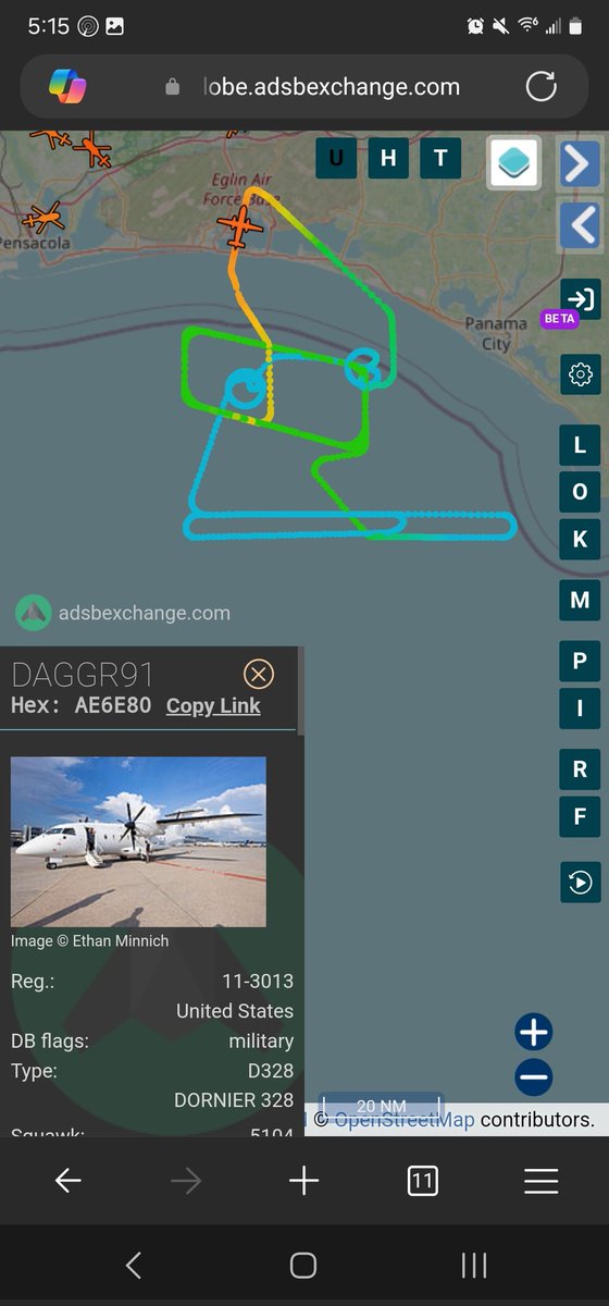 norb420's tweet photo. 20) #AE6E80 as #DAGGR91
#A1B14C as #N208SA
#A4064C as #MTH9
#A16ACD as #FRE77
#A4362F as #FRE56
#A067A2 as #N125PZ
#AE01D1 as #SHINR40
#AE068C as ?
#AE2211 as #WIDGET48
#AE5FA1 as #PACK41
#AE77A5 as #BACN06
#AE0151 as #PIRAT41
#AE01D5 as #SAME40
From this morning, another big test occurred. SHINR40 was over the Gulf first, followed by two KC-135s from Eglin AFB. The Boeing Beech aircraft were next, along with the L3Harris Caravan. They set up their respective patterns: FRE77 at 17,500 feet, FRE56 at 13,500 feet, and N208SA at 7,750 feet. DAGGR91 and WIDGET48 were airborne around the same time. WIDGET48 conducted pattern work at Tyndall AFB before setting up its pattern for range control. DAGGR91 climbed to 20,000 feet, completed a couple of orbits, set up a racetrack pattern on the southern end of its test area, and then dropped to 10,000 feet for a rectangular pattern. BACN06 maintained an orbit at 40,975 feet. MTH9 and N125PZ were the last two up. N125PZ didn’t fully participate; it climbed to 10,725 feet, descended, and returned to Eglin AFB. MTH9 continued, joining the others and setting up its normal pattern inside DAGGR91’s rectangle, flying at 8,800 feet. Several dynamic hexes appeared that I didn’t cover, along with a few others I likely missed. DAGGR91 took off at 8:21AM and landed at 11:26AM, for a flight time of three hours and six minutes. MTH9 later made its way back, landing at Savannah/Hilton Head International Airport. I expect DAGGR91 and N125PZ will head back to KAPA tomorrow.
https://t.co/g213fGLWrL