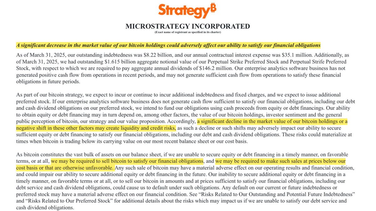 emilyyvuong's tweet photo. 🚨Nguy cơ MicroStrategy phá vỡ lời thề HODL

Trong báo cáo 8-K mới nhất gửi lên SEC, Micro Strategy thừa nhận: “Nếu không thể tiếp cận nguồn tài trợ vốn cổ phần hoặc nợ với điều kiện thuận lợi, công ty có thể bán Bitcoin để đáp ứng các nghĩa vụ tài chính”.

Đây là tuyên bố cảnh báo rủi ro giả định, cho thấy Micro Strategy sẵn sàn đáp ứng nghĩa vụ nợ trong trường hợp xấu. Nhưng trong bối cảnh BTC đang trên đà giảm, nó lại trở thành FUD của thị trường.

MicroStrategy đang sở hữu hơn 528,000 BTC với giá mua trung bình $67,458/BTC, tổng trị giá khoảng $40.1B theo giá hiện tại. Cấu trúc tài chính của công ty rủi ro rất cao:
Tổng nợ phải trả: ~$4.57B
Tổng vốn chủ sở hữu: ~$3.77B
 -> Tỷ lệ nợ trên vốn chủ sở hữu (D/E): ~113.15%
 - Tỷ lệ nợ dài hạn trên tổng tài sản: ~54.8%

D/E vượt 100% cho thấy MicroStrategy đang sử dụng max đòn bẩy mua Bitcoin, nếu giá $BTC giảm sâu về quanh vùng $40K, MicroStrategy sẽ đối mặt với nguy cơ phá sản khi tài sản đảm bảo (Bitcoin) rơi về mức quá thấp so với tổng nghĩa vụ nợ -> yêu cầu bổ sung tài sản để tránh thanh lý.

Vậy nhưng giá cổ phiếu $MSTR đã giảm 40% từ đỉnh, khả năng huy động vốn mới từ phát hành thêm rất khó.
Dù cửa về 40K có vẻ khó diễn ra và đây dường như chỉ là FUD với thị trường. Nhưng cũng cho thấy bản chất thật của Micro Strategy: CEO Micheal Saylor (đã chuyển sang ngồi ghế Executive Chairman) lên mạng hô “BUY”, “HODL”, “Neva Sell” sau đó vay nợ để mua BTC -> repeat.