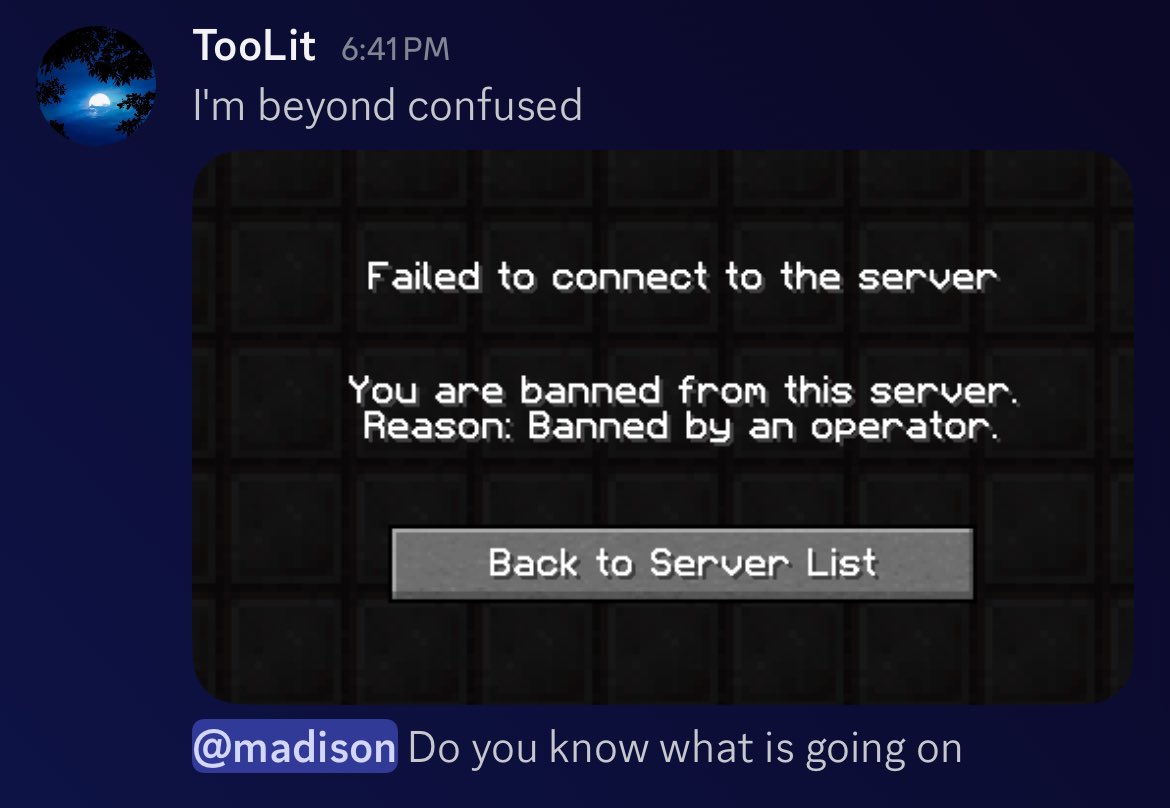_TooLit's tweet image. It’s completely unfair how we both get banned for no reason, just because we’re his friend. I wasn’t even involved in anything. Literally gave zero reason and the entire server is just ghosting us. Maybe tell someone before you ban them.