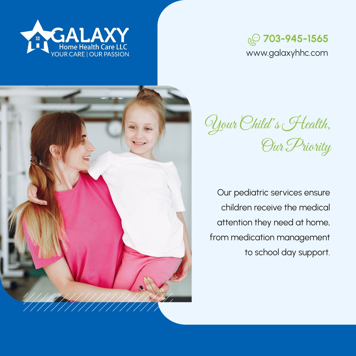 GalaxyHomeHC's tweet photo. Our pediatric services provide one-on-one care for your child at home or school. Call us at 703-945-1565 to learn more about our tailored services. 

#HomeHealthCare #WoodbridgeVA #PediatricCare https://t.co/WQZlWVyJTJ