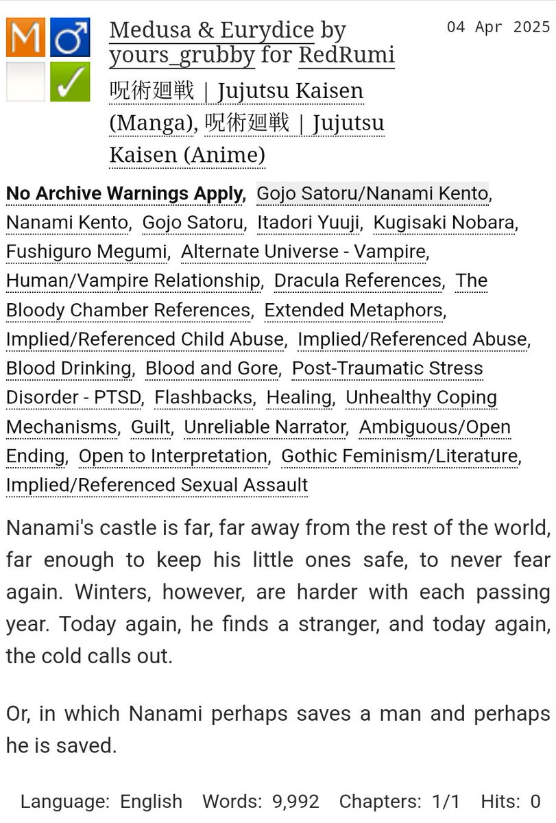 🦇 Uh oh? Teamwork makes the dream work! Presenting to you a very special vampire fic for #GoNanaGoBang25 💙 💛 

🫀Enjoy this #nanago #gonana #gnn #nng Gothic tale of bloodlust, fear, and desire, with a touch of illusions and nightmares 🧛🏼

archiveofourown.org/works/64430098