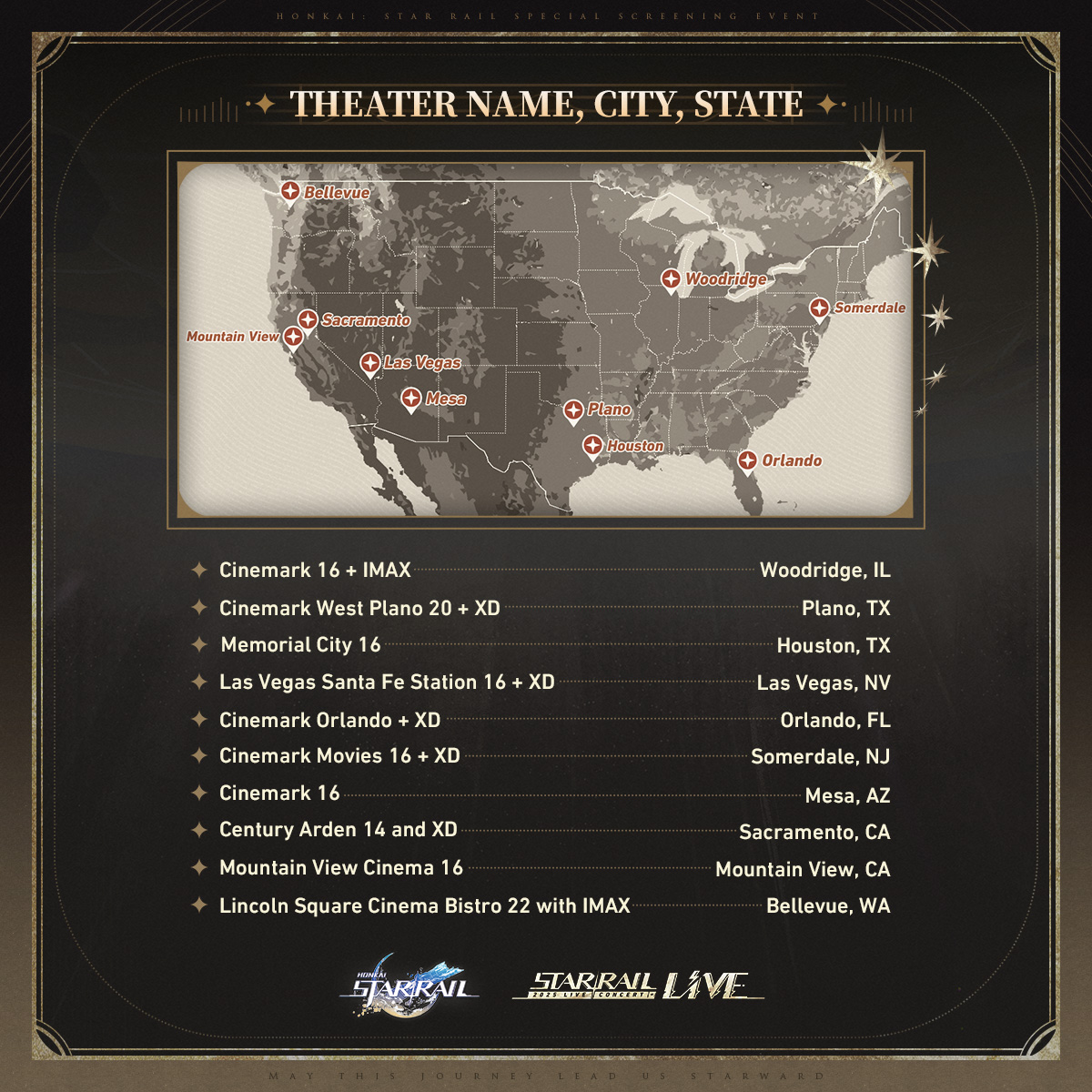 honkaistarrail's tweet photo. Star Rail LIVE 2025 at Cinemark

We're excited to announce that we've partnered with Cinemark to bring the Star Rail LIVE 2025 concert to multiple theaters across the US!

#HonkaiStarRail #HSR2Year #HSRWatchParty

Ticketholders at participating theaters will also receive two special commemorative gifts - available while supplies last, so don't miss out!

Check out the link to Cinemark for more info: https://t.co/0WDiIGAgHR