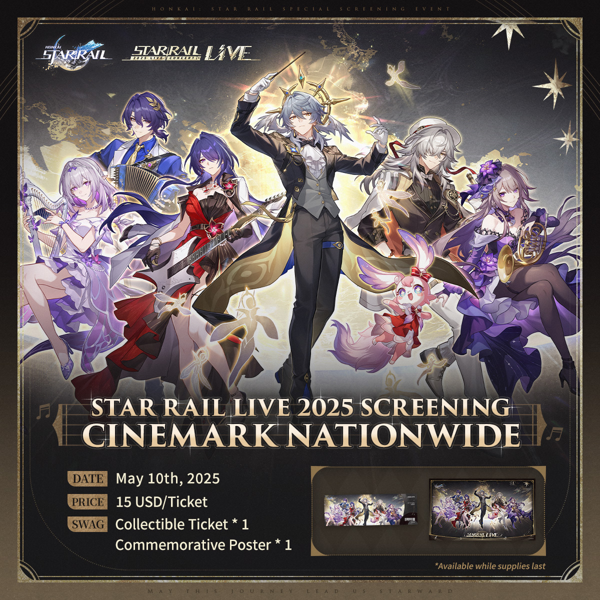 honkaistarrail's tweet photo. Star Rail LIVE 2025 at Cinemark

We're excited to announce that we've partnered with Cinemark to bring the Star Rail LIVE 2025 concert to multiple theaters across the US!

#HonkaiStarRail #HSR2Year #HSRWatchParty

Ticketholders at participating theaters will also receive two special commemorative gifts - available while supplies last, so don't miss out!

Check out the link to Cinemark for more info: https://t.co/0WDiIGAgHR