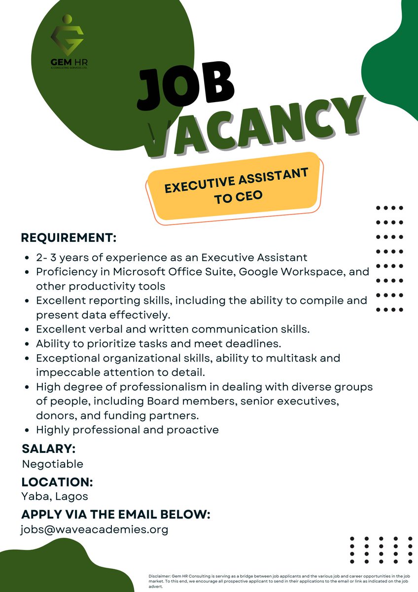gem_hr's tweet image. 🔥 Urgent Hiring: Executive Assistant to CEO! 🌟 Lead and impact the Administrative Industry!  Location: Yaba. 💌 APPLY: jobs@waveacademies.org.⏳ Act fast—this opportunity won&apos;t last! 👥 Know someone ideal? Tag them! #executiveassistant #executiveassistance #PersonalAssistant
