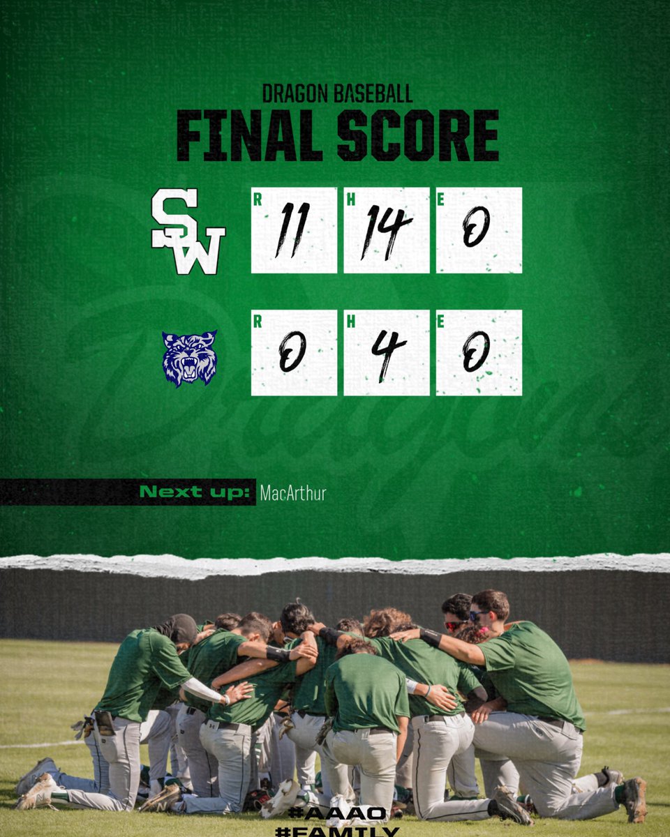 Dragon Baseball (@swhs_bsb) on Twitter photo 🎟️ Punched! Dragons secure a playoff spot with a huge win vs. South San! Romeo Castillo with the Grand Slam to seal the deal in the 4th. We will be back in action on Saturday vs. MacArthur.
#AAAO #Family
<a href="/SASWAthletics/">SWHS Athletics</a> <a href="/swisd_athletics/">SWISD Athletics</a> <a href="/rcaudiosports/">RC Audio Sports</a> 🎟️ Punched! Dragons secure a playoff spot with a huge win vs. South San! Romeo Castillo with the Grand Slam to seal the deal in the 4th. We will be back in action on Saturday vs. MacArthur.
#AAAO #Family
<a href="/SASWAthletics/">SWHS Athletics</a> <a href="/swisd_athletics/">SWISD Athletics</a> <a href="/rcaudiosports/">RC Audio Sports</a>
