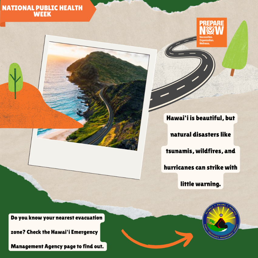 PrepareNOWHI's tweet photo. Paradise is never risk-free. Emergencies can happen fast. This public health week we share ways to get prepared, stay informed &amp; ready to act. @Hawaii_EMA shares evacuation guidance for all islands on their website: https://t.co/e4MbmiwiHo

#ItStartsHereHI #NPHW #PrepareNOWHawaii https://t.co/MKiKdUsTp0