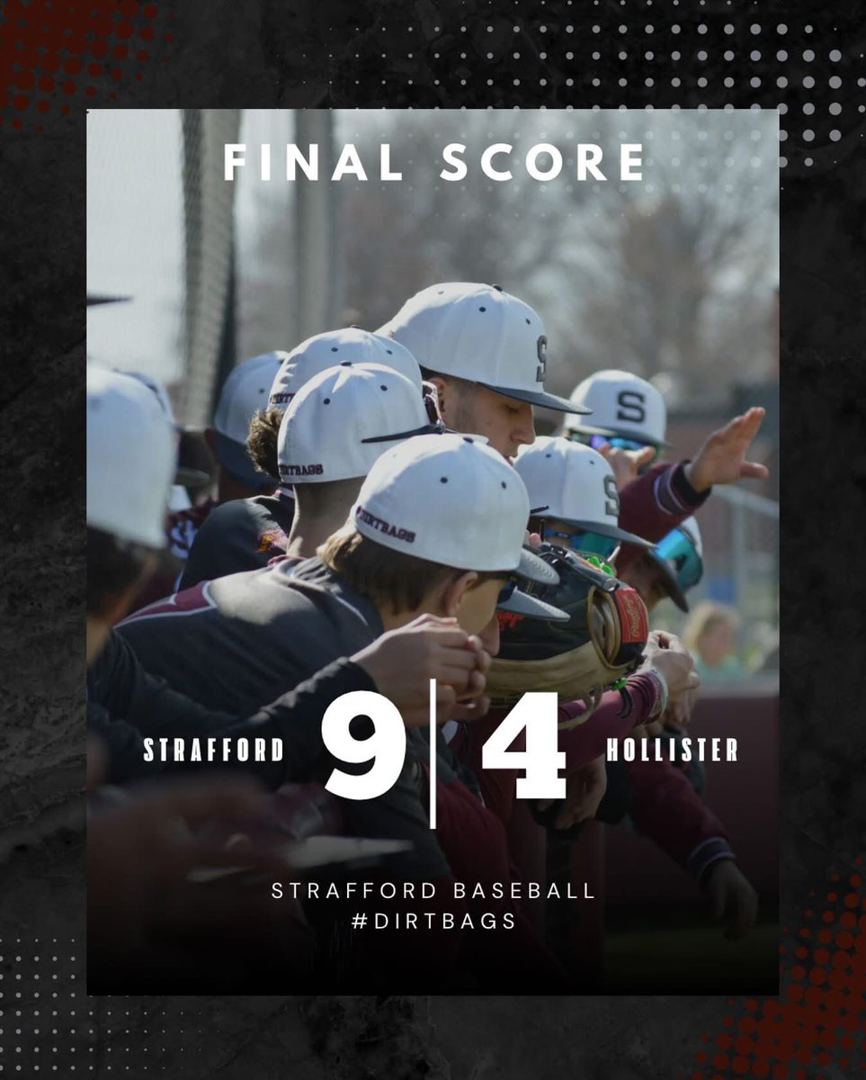 Final
Indians improve to 10-3
Hollister 4
Strafford 9
WP- Clark 7IP 4H ER 7K
Hunt 3H
Dampier &amp; Rhodes 2H each
#theSTANDARD #DIRTBAGS