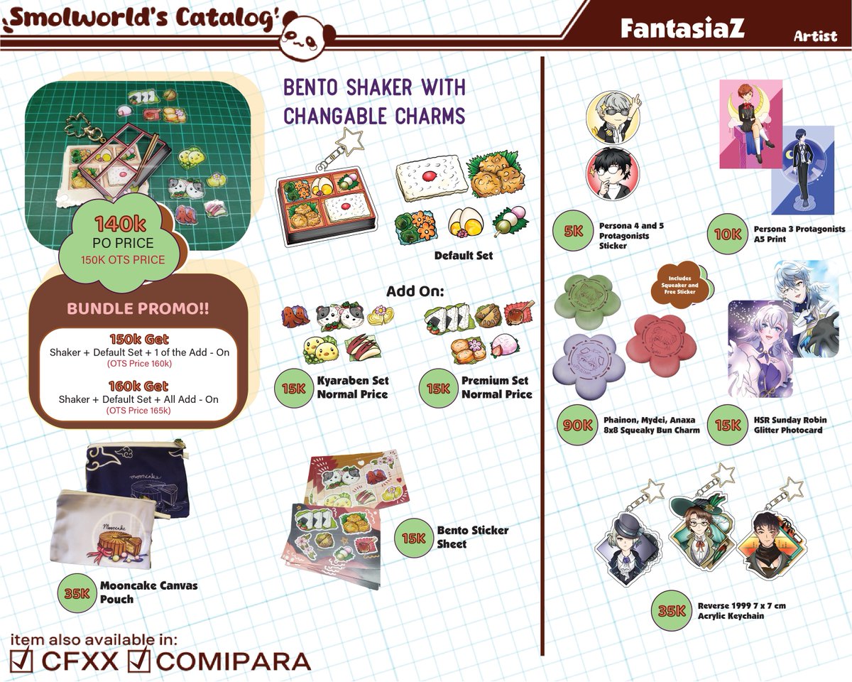 [1/2]
❤️and retweets are appreciated
Comipara 4 and CFXX PO Batch 02 with smolword is here! New item included!

🔗bit.ly/SmolworldPO
📅10 APR - 01 MAY
📦CFXX and Comipara 4 (Both days and 🇮🇩Mail order)
Fandom: Original Food, HSR, R1999, and Persona  

#cfxx #comipara4