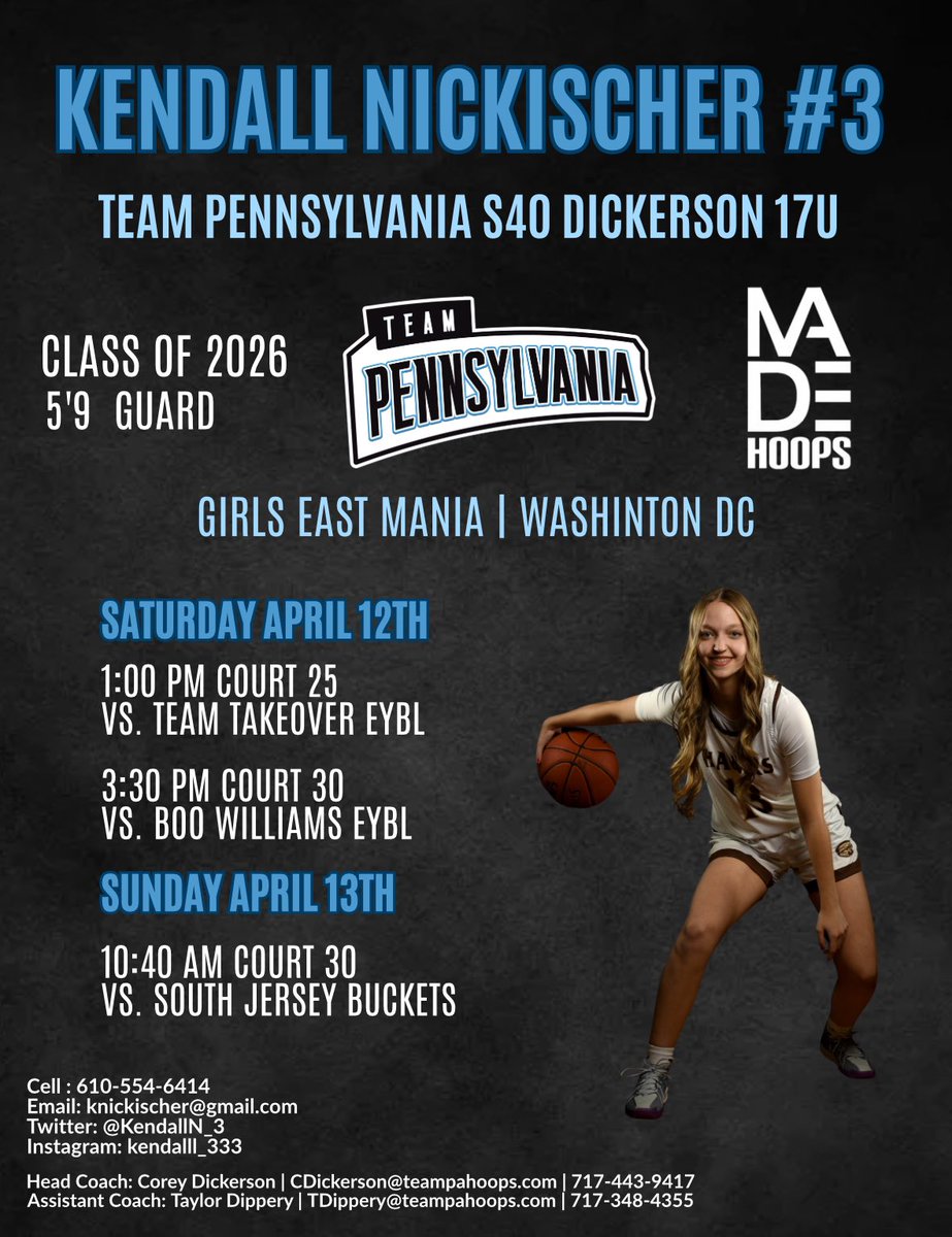 Kendall Nickischer (@kendalln_3) on Twitter photo The first tournament of aau season has finally arrived! This weekend me and my Team PA teammates will be playing in the MADE Hoops Girls East Mania in Washington DC. Come check us out! <a href="/TEAMPAHOOPS/">TEAM PENNSYLVANIA</a> <a href="/madehoops/">MADE Hoops</a> <a href="/CoreyD2For1/">Corey Dickerson</a> <a href="/TRDipp/">Taylor Dippery</a> The first tournament of aau season has finally arrived! This weekend me and my Team PA teammates will be playing in the MADE Hoops Girls East Mania in Washington DC. Come check us out! <a href="/TEAMPAHOOPS/">TEAM PENNSYLVANIA</a> <a href="/madehoops/">MADE Hoops</a> <a href="/CoreyD2For1/">Corey Dickerson</a> <a href="/TRDipp/">Taylor Dippery</a>