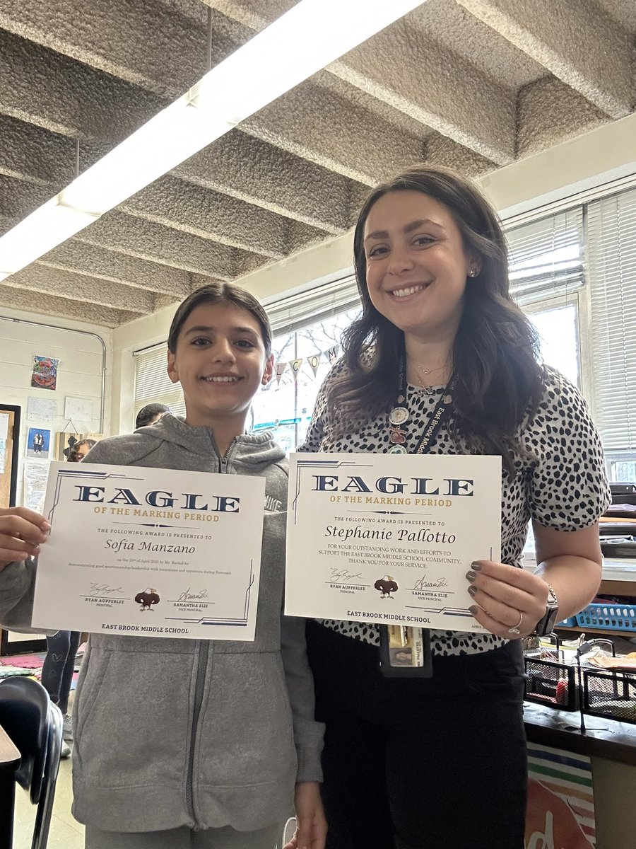 MsPallotto's tweet photo. As marking period 3 ends, we celebrate the Eagles of the Marking period, Sofia &amp; Ryan! I am also appreciative to win one of the staff Eagle Awards!! We love East Brook!! 🦅💙 https://t.co/UGJEeNpf9q
