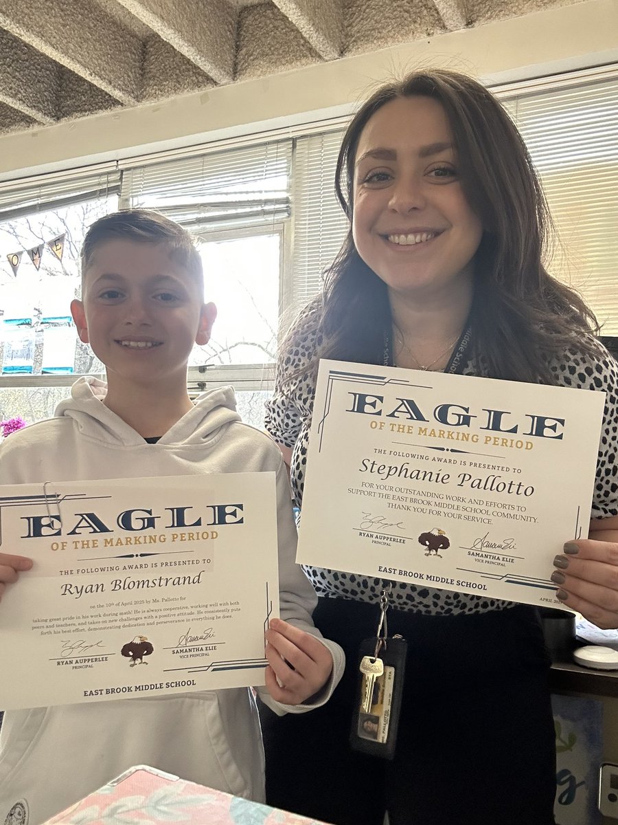 MsPallotto's tweet photo. As marking period 3 ends, we celebrate the Eagles of the Marking period, Sofia &amp; Ryan! I am also appreciative to win one of the staff Eagle Awards!! We love East Brook!! 🦅💙 https://t.co/UGJEeNpf9q