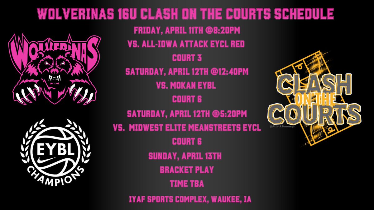 Wolverinas Basketball 2027 (@wolverinas2027) on Twitter photo Heading to Iowa this weekend for Clash on the Courts! Our first game tips off Friday, April 11th at 8:20pm. Check your local listings! <a href="/quinn_sigal0/">quinn sigal</a> <a href="/K_Meehan13/">Katie Meehan</a> <a href="/alyssa_borzych/">Alyssa Borzych</a> <a href="/IrisJordan_/">Iris Jordan 2027</a> <a href="/LilyRichmond08/">Lily Richmond</a> <a href="/avagarcia33/">Ava Garcia</a> <a href="/BellieB09/">Bellie Koldoff</a> <a href="/KaitlinWahlund/">Kaitlin wahlund</a> <a href="/AddisonLeonard_/">Addison Leonard</a> <a href="/pgh_lisa/">PrepGirlsHoopsLisa</a> Heading to Iowa this weekend for Clash on the Courts! Our first game tips off Friday, April 11th at 8:20pm. Check your local listings! <a href="/quinn_sigal0/">quinn sigal</a> <a href="/K_Meehan13/">Katie Meehan</a> <a href="/alyssa_borzych/">Alyssa Borzych</a> <a href="/IrisJordan_/">Iris Jordan 2027</a> <a href="/LilyRichmond08/">Lily Richmond</a> <a href="/avagarcia33/">Ava Garcia</a> <a href="/BellieB09/">Bellie Koldoff</a> <a href="/KaitlinWahlund/">Kaitlin wahlund</a> <a href="/AddisonLeonard_/">Addison Leonard</a> <a href="/pgh_lisa/">PrepGirlsHoopsLisa</a>