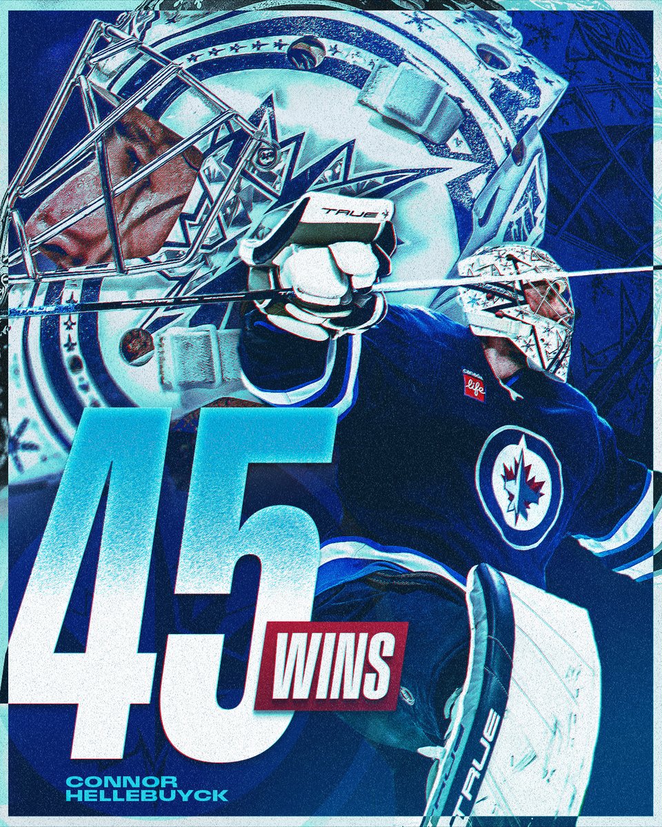 NHL's tweet photo. 45 WINS 👏

Connor Hellebuyck becomes the seventh goaltender in NHL history to record 45 wins in a single season! https://t.co/l7GxMiK00x