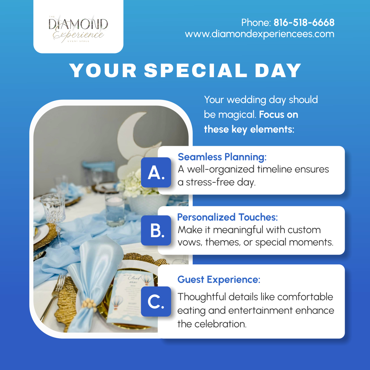 thediamondEES's tweet photo. Your love story deserves a perfect wedding! 💍✨ Personalized moments, seamless coordination, and a joyful guest experience create the day of your dreams. 

📞 816-518-6668
✉️ thediamondexperience.es@gmail.com
🌐 https://t.co/BDYA3GNp5H

#KansasCityMO #EventsAndDecor https://t.co/AzQ7CAXBUI