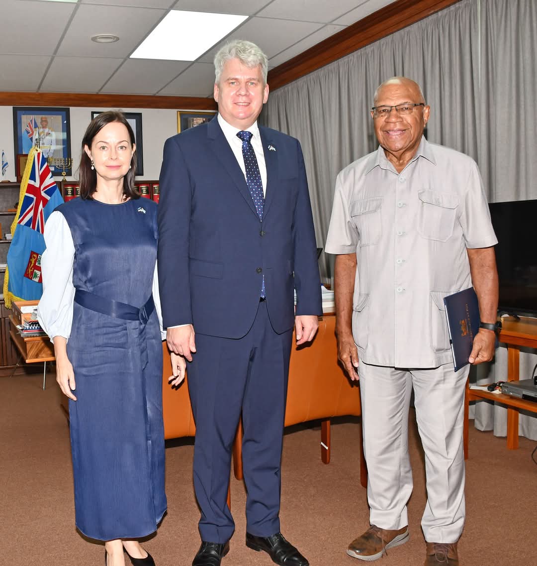 Fiji_MFAET's tweet photo. Prime Minister Hon. @slrabuka received a courtesy call from the non-resident Ambassador of Estonia to Fiji, H.E Mr Jaan Reinhold, earlier this week. Fiji and Estonia aim to further strengthen the bilateral relations and cooperation.
 🇫🇯🤝🇪🇪🤝🇪🇺 https://t.co/gSsRTbIois