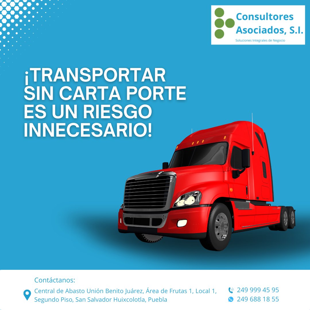 Consultores_ASI's tweet photo. 👀 Si transportas mercancía sin Carta Porte, podrías perder más que dinero.
📌No pongas en riesgo tu negocio. Nosotros nos encargamos del trámite.
📍San Salvador Huixcolotla, Puebla.
📲249 999 45 95
#EvitaProblemas #SAT #CartaPorteFácil https://t.co/Sm6FimedxZ