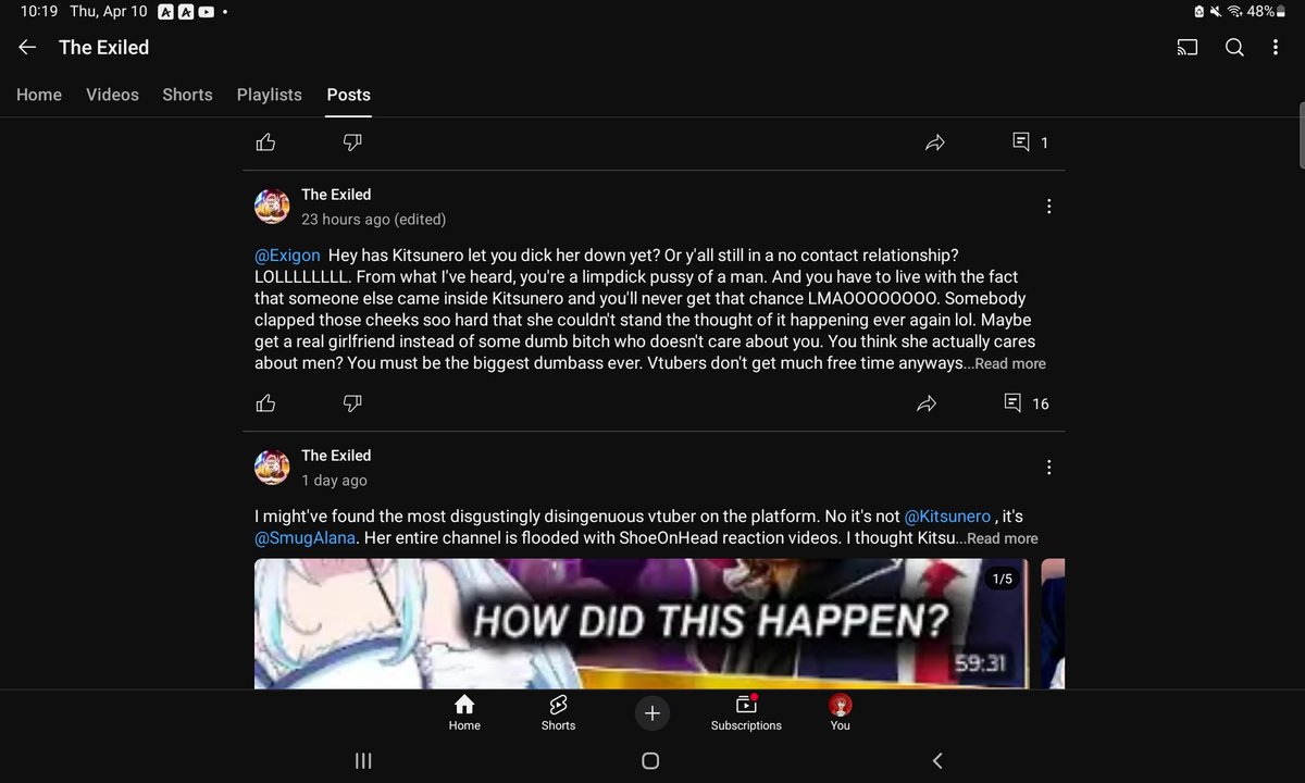 JMitchbear3204's tweet photo. Apparently there's a very delusional and deranged person on youtube constantly harassing @KitsuneroVT and @SmugAlana via community posts and comment sections. 1/? https://t.co/2O4xleUEts