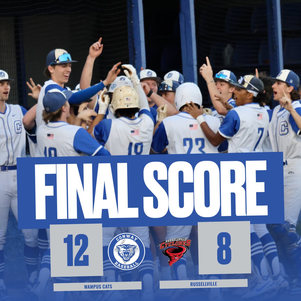 Conway Wampus Cat Baseball Booster Club (@conwaybsbl) on Twitter photo Cats (16-0) score 4 in the 7th to pick up hard fought road win.
<a href="/Cartercrow24/">Carter Crow</a> 3-3, 3 RBI, 2 R
<a href="/voss_willy/">Willy Voss</a> 3-4, RBI, 2 R
<a href="/CoverShaun26/">Shaun Cover</a> 2-4, 2B, 2 RBI, 2 R
<a href="/jacksonrobnett1/">Jackson Robnett</a> 2-3, R
<a href="/stewartlondon14/">London Stewart</a> 2ip, 0r, 0h, 6k
Go Cats! Cats (16-0) score 4 in the 7th to pick up hard fought road win.
<a href="/Cartercrow24/">Carter Crow</a> 3-3, 3 RBI, 2 R
<a href="/voss_willy/">Willy Voss</a> 3-4, RBI, 2 R
<a href="/CoverShaun26/">Shaun Cover</a> 2-4, 2B, 2 RBI, 2 R
<a href="/jacksonrobnett1/">Jackson Robnett</a> 2-3, R
<a href="/stewartlondon14/">London Stewart</a> 2ip, 0r, 0h, 6k
Go Cats!
