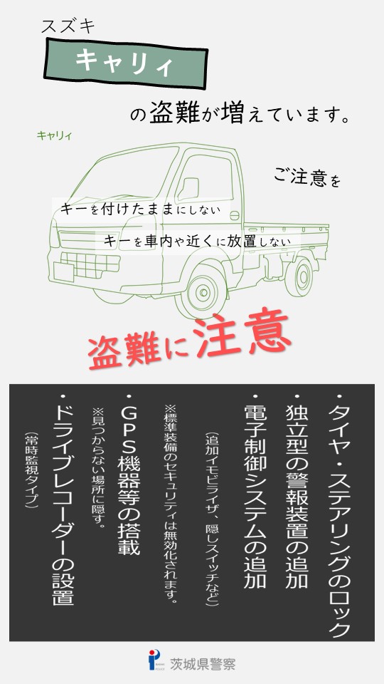 SUZUKIキャリィの盗難に注意】 キャリィの盗難が増えています。車を 
