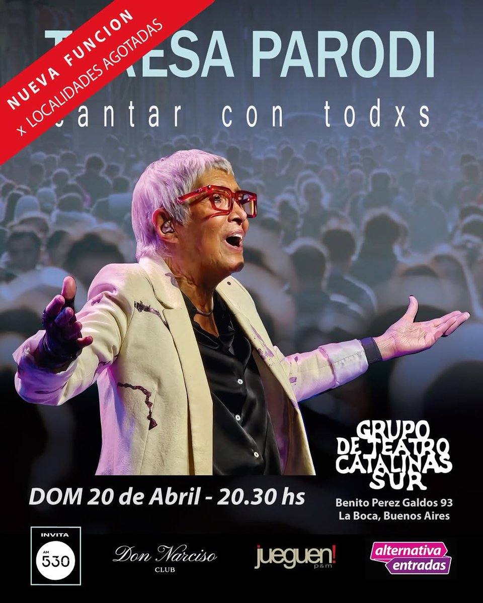 Somos Radio AM 530 (@somosradioam530) on Twitter photo Teresa Parodi <a href="/TeresaParodiOk/">Teresa Parodi</a> "Tocamos este domingo en el El Galpón de Catalinas y repetimos el próximo domingo por entradas agotadas" Teresa Parodi <a href="/TeresaParodiOk/">Teresa Parodi</a> "Tocamos este domingo en el El Galpón de Catalinas y repetimos el próximo domingo por entradas agotadas"