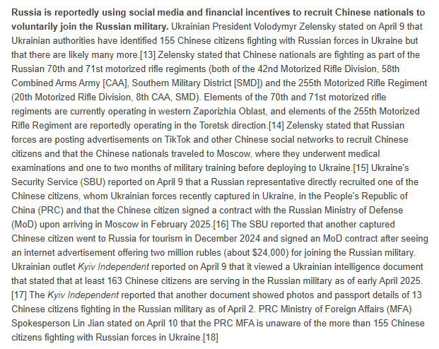 TheStudyofWar's tweet photo. Russia is reportedly using social media and financial incentives to recruit Chinese nationals to voluntarily join the Russian military. ⬇️ https://t.co/gkyPZMHm7v