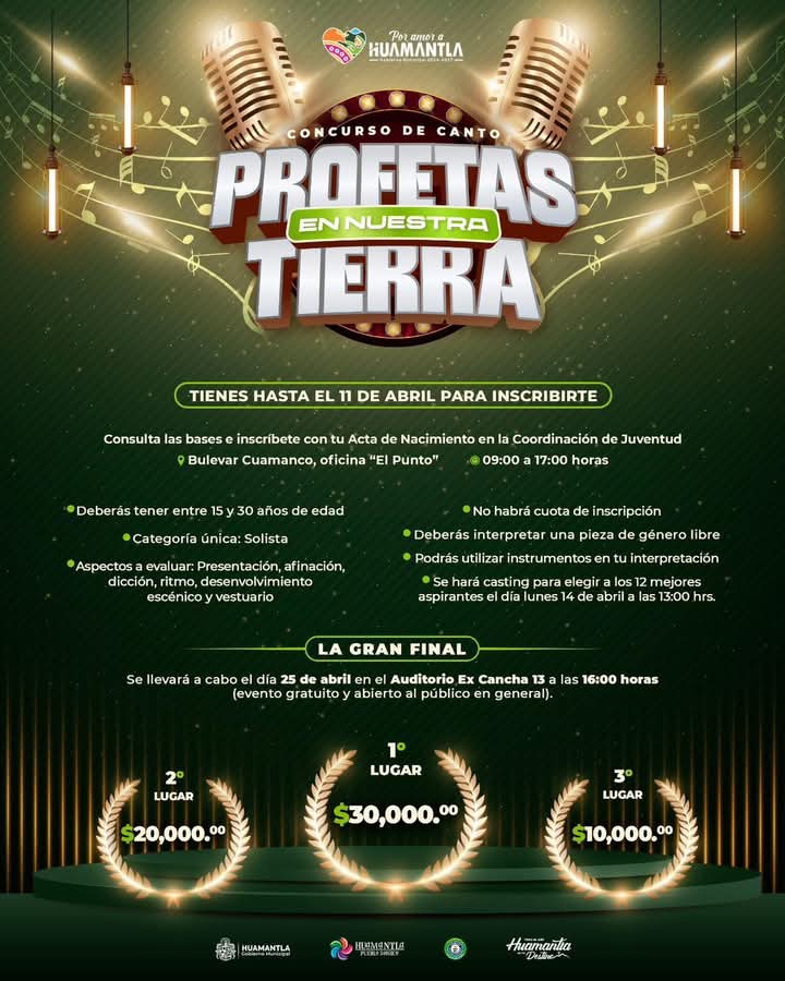 🎤 Mañana es el último día para inscribirse en el concurso de canto “Profetas en Nuestra Tierra”, recuerden que elevamos la premiación:
🥇 30 mil pesos para el primer lugar
🥈 20 mil pesos para el segundo y,
🥉 10 mil pesos para el tercero.