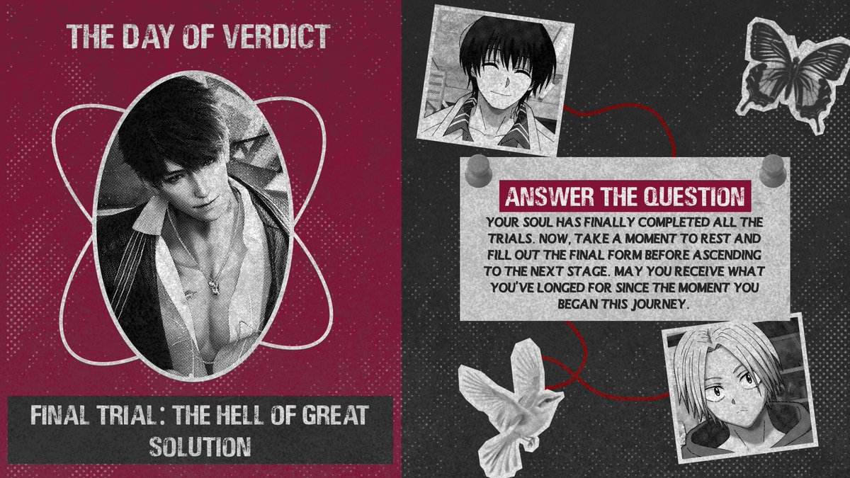 LimboOfAsphodel's tweet photo. ᅠ
ᅠThe final day is upon us. Yet before the verdict is revealed, you may take a moment to complete the form as you await your fate.
ᅠ
🦋 https://t.co/21lezRfe68 https://t.co/fI3ii6Qw3x