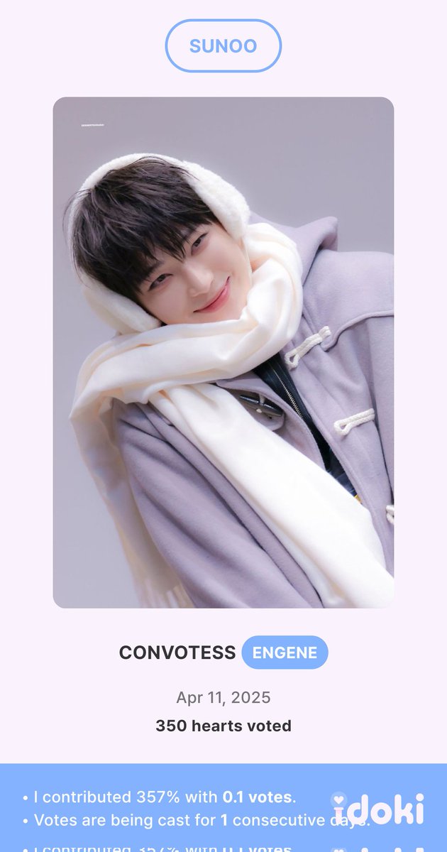 conhavevotes's tweet photo. 500 Idoki hearts were successfully voted to #SUNOO. Congratulations Engenes! 🎉#convtgas https://t.co/ozGy9wPl9s
