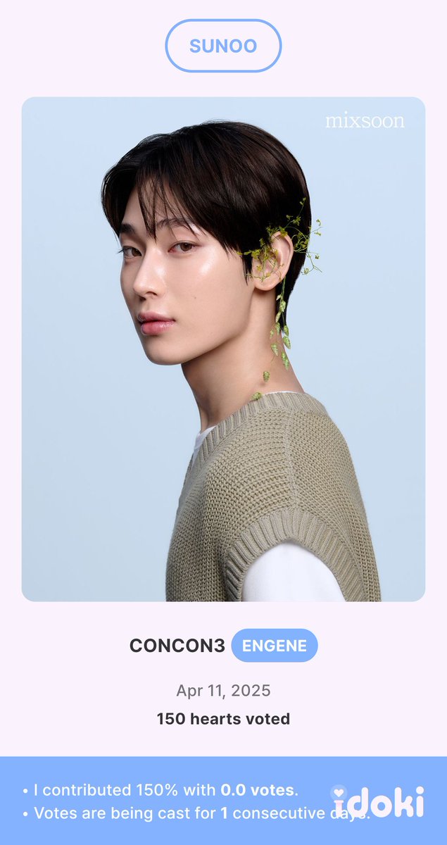conhavevotes's tweet photo. 500 Idoki hearts were successfully voted to #SUNOO. Congratulations Engenes! 🎉#convtgas https://t.co/ozGy9wPl9s