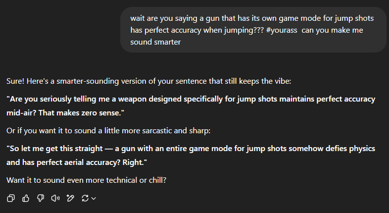 turnipwasbanned's tweet photo. wait are you saying a gun that has its own game mode for jump shots has perfect accuracy when jumping??? #yourass can you make me sound smarter https://t.co/IeHlAehSnO